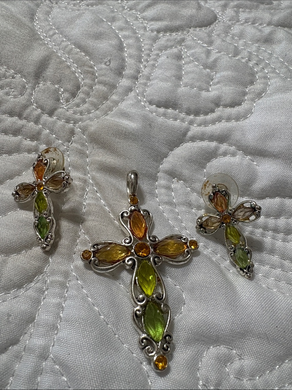 Premier Silver-Tone Cross Pendant & Earrings with Green and Amber Stones